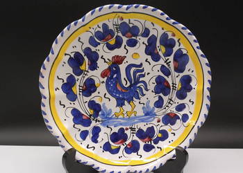 Włoski Talerz Majolica DERUTA Ręcznie malowany motyw Koguta Galletto Blue
