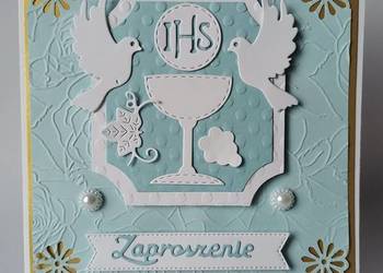 ZAPROSZENIA KOMUNIA CHŁOPIEC KIELICH Z GOŁĘBIAMI – K4 – BŁĘKIT – BIEL