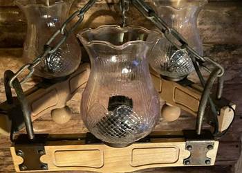 Lampa żyrandol drewniany z łańcuchem miedziana