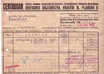 1949 ROK – RACHUNEK   FIRMY  CENTROSAN HURTOWNIA WOJEWÓDZKA