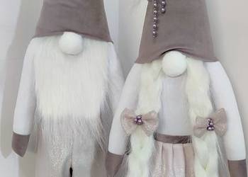 Skrzaty świąteczne krasnale gnomy para pudrowy róż biały srebrny Glamour