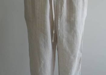 Spodnie Lniane 100% Len Kremowe w Paski Luźny Fason Wysoki Stan H&M 36