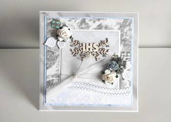 Kartka ręcznie robiona Komunia Święta szaro-niebieska Kartka ręcznie robiona Komunia Święta szaro-niebieska