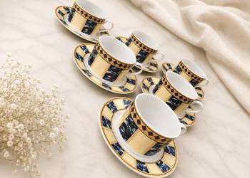 Komplet 6 filiżanek ze spodkami – porcelana, elegancki wzór