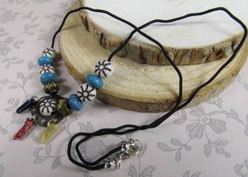 Naszyjnik granatowy czerwony żółty kamień słońce eko handmade