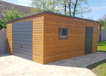 Blaszany garaż 4×6m – złoty dąb jasny/ ciemny grafit matowy