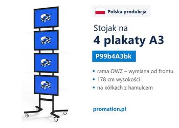 Czarny stojak na plakaty A3 x 4 - wersja mobilna na kółkach