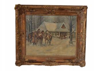 Stanisław Studencki - Zimowa Scena - Ułani Przy Chacie - Obraz Olejny 64x74