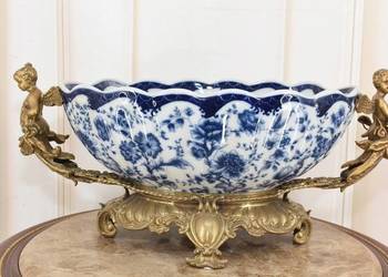 Niebieska Patera Owocnik - Porcelana + Brąz Amory Anioły - Craquele