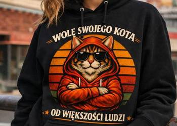 Bluza z kapturem Wole Swojego Kota Premium Vintage Nadruk Kot Czarna Rybnik