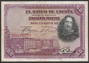 Hiszpania 50 peset 1928 - D9,6 - Velazquez -