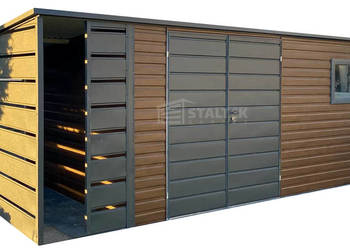 Schowek domek ogrodowy 6x3 + wiata 1m brama okno drewnopodobny ST105