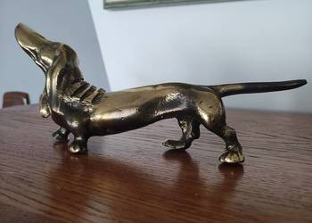 Figurka Pies Jamnik Mosiądz Lity Vintage 23cm