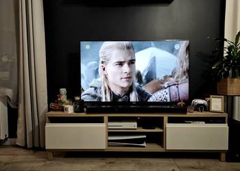 IKEA BESTA szafka RTV 180x48,5x41,5 dąb bielony, biale szufady mat