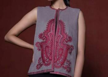 Szara kamizelka boho L 40 XL wzór orientalny paisley róż bawełna hippie etn