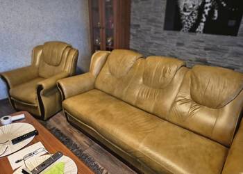 Zestaw mebli skórzanych Sofa 3-osobowa + 2 Fotele miodowy brąz