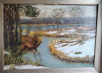 Zimowe roztopy obraz olejny antyk