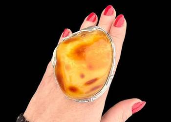 Okaszały pierścionek regulowany bursztyn bałtycki srebro 925 unikat