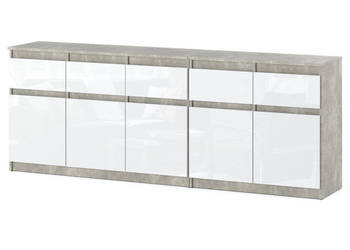 Komoda 5 Szuflad 200cm Pojemna Szafka Do Salonu Sypialni Beton Biały Połysk