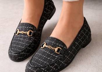 Wyprzedaż  Mokasyny damskie tweedowe Bonprix czarne ze złotą ozdobą 38