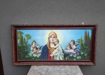 Stary obraz oleodruk Matka Boska z Dzieciątkiem anioły 132x6