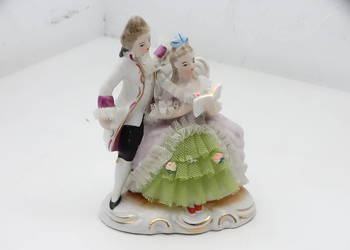 Figurka Porcelanowa Drezno Para Dworska Koronka Tiul Vintage 13 cm