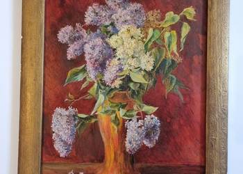 Obraz olejny martwa natura – kwiaty, czerwone tło, sygnowany, 60×45 cm