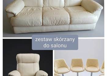 Kremowy zestaw skórzany do salonu hokery fotel sofa kanapa rozkładana funkc