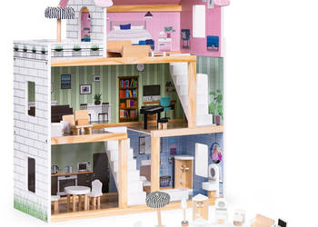 Drewniany domek dla lalek 3 piętra taras z kompletem 15 mebelków ECOTOYS