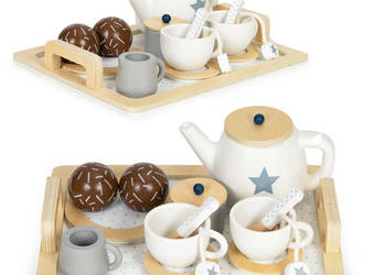 Drewniany zestaw do herbaty dzbanek filiżanki 17 elementów ECOTOYS