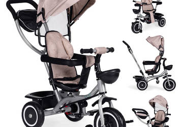 Trójkołowy rowerek spacerówka 2w1 obracane siedzisko składany daszek beżow…