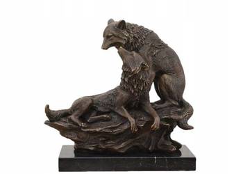 Dwa Wilki z Brązu - Wilk Wilczyca - Figura Rzeźba z Brązu Myśliwska Ozdoba