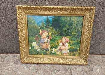 98 Mały oszklony obrazek dzieci stara złota ramka zdobiona 29,5x24cm