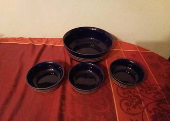 Miski + waza na zupę porcelit Pruszków granatowe w paski. PRL