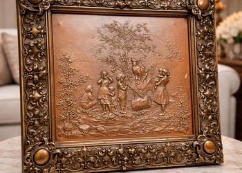 Miedziana stara płaskorzeźba relief przedstawiająca scenę rodzajową ludową