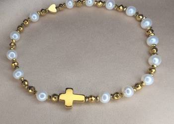 Bransoletka różaniec kamienie perły naturalne serduszko krzyżyk prezent
