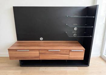 Nowoczesna Ścianka RTV / Szafka pod TV - Orzech + Czarny Mat + Szkło - 3 Sz