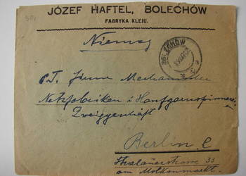 Bolechów fabryka kleju Józef Haftel 1922 / seria znaczków /koperta