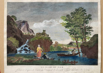 Stara rycina kolorowa, XIX wiek, duża