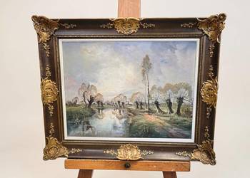 Wierzby nad rzeką olej na płótnie w bogatej ramie 103/85cm P.Boone XIXw