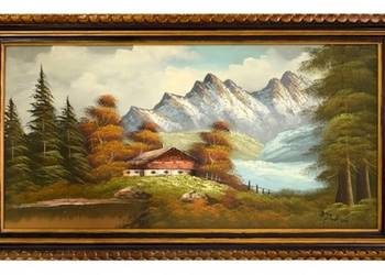 Stary obraz olej " Pejzarz Góry Tyrolu " 91x51cm ładna rama