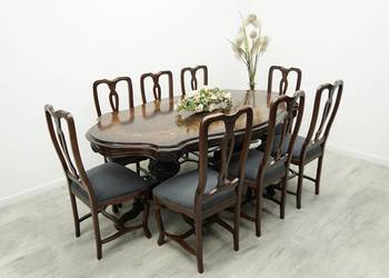 Intarsjowany stół i 8 krzeseł, Francja, lata 40-te.Profesjonalna renowacja.