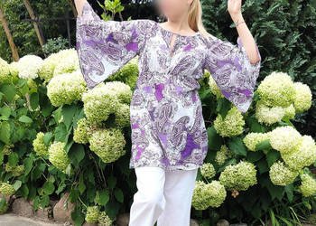 Boho tunika Benetton S 36 bawełna hippie bluzka wzór fiolet