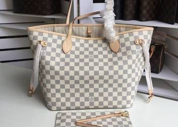 Torebka damska LV Louis Vuitton Neverfull MM biała kratka kremowy środek