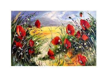 Kowalik - Przydrożne maki - 60x40cm Obraz Olejny Pejzaż Kwiaty