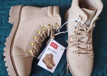 Nowe Botki damskie Cleve, rozmiar 38, brązowe/beż, stylowe, sznurowane