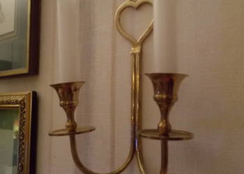 Stary Mosiężny Świecznik Wiszący z Sercem - Podwójny - Vintage