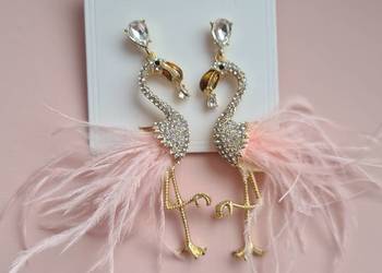 Przepiękne kolczyki flamingi z cyrkoniami i pióra