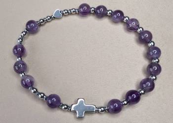 Bransoletka różaniec kamienie ametyst krzyżyk serduszko prezent pamiątka