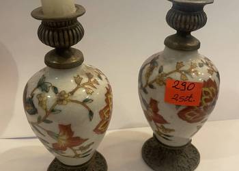 Para ozdobnych świeczników ceramiczno-mosiężnych